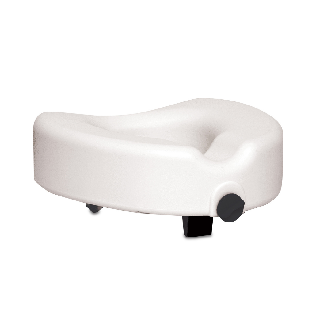 The ProBasics E-Z Lock 4.5 Raised Toilet Seat is a white, contoured seat riser with two adjustable black clamps on the sides for secure attachment.